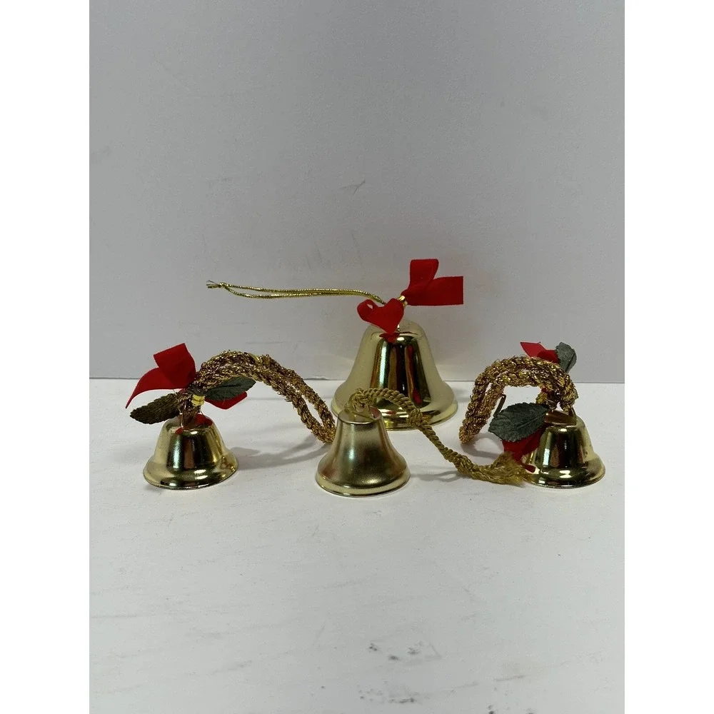 Lot Of 4 Gold Color Rustic Vintage Iron Tin Metal Ornaments Jingle Bells 1980's